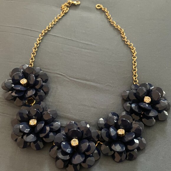 J. Crew Signed Floral Necklace Navy Blue Flowers Rhinestones Gold Tone Chain - Picture 1 of 4